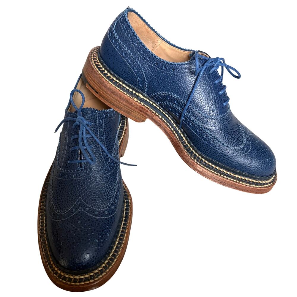 Grenson Archie Triple Welt Navy Pebble Leather Wingtip Shoes Womens 7.5/ Mens 6 - Picture 2 of 9